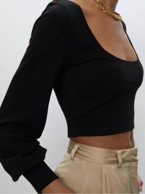 Aritzia Babaton Balsam Paxton Cropped Long Sleeve Black Top XXS